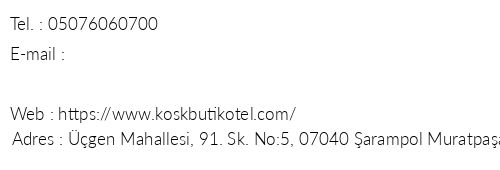 Kk Butik Otel telefon numaralar, faks, e-mail, posta adresi ve iletiim bilgileri